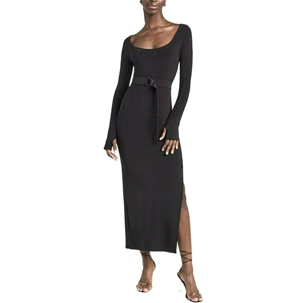 Norma Kamali Black Scoop Deep Slit Maxi Dress Sz Large